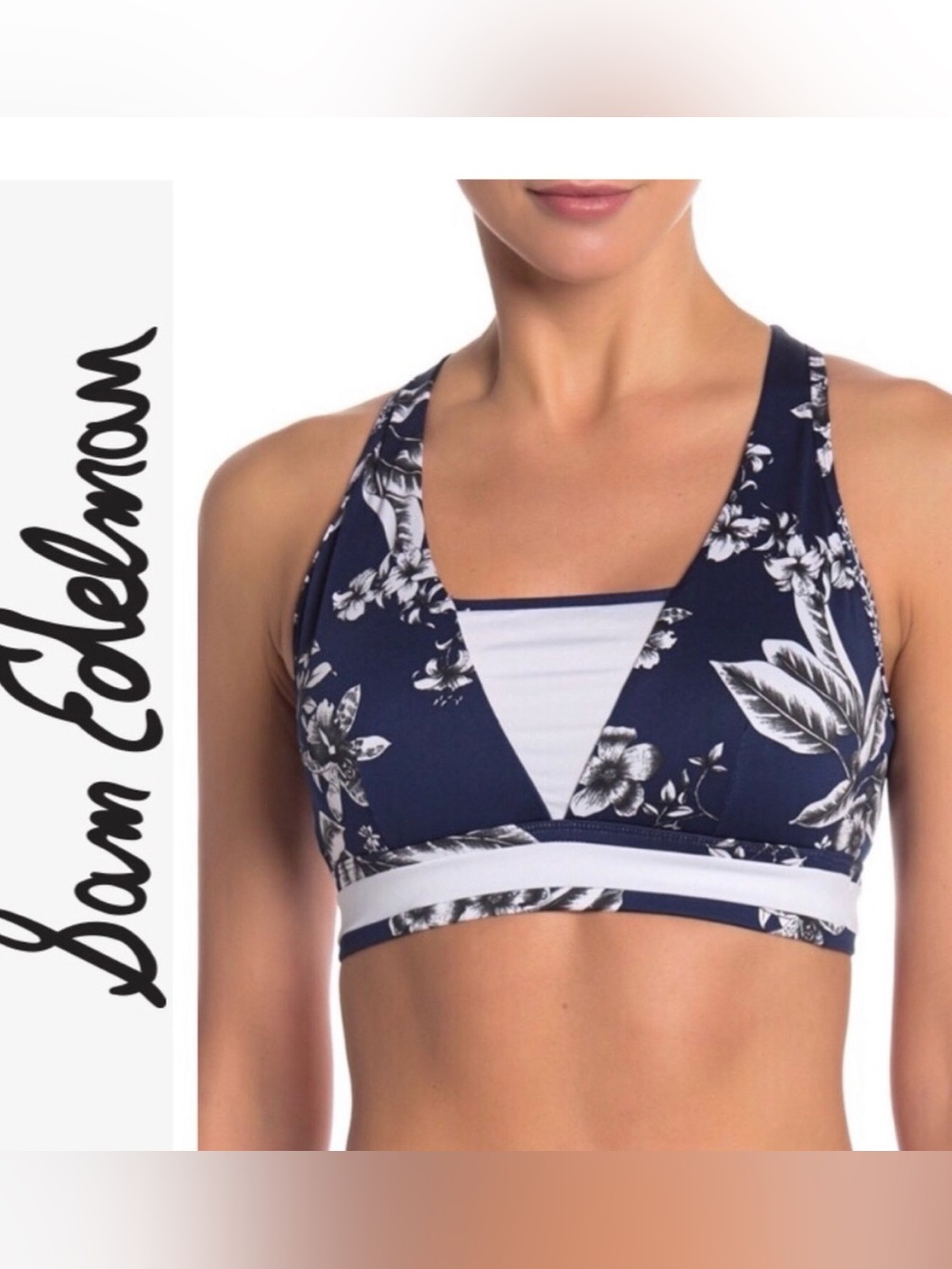 Sam Edelman Navy and White Floral Racerback Sports Bra